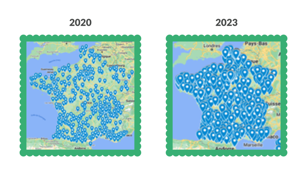 Carte des tiers-lieux en France entre 2020 et 2023.