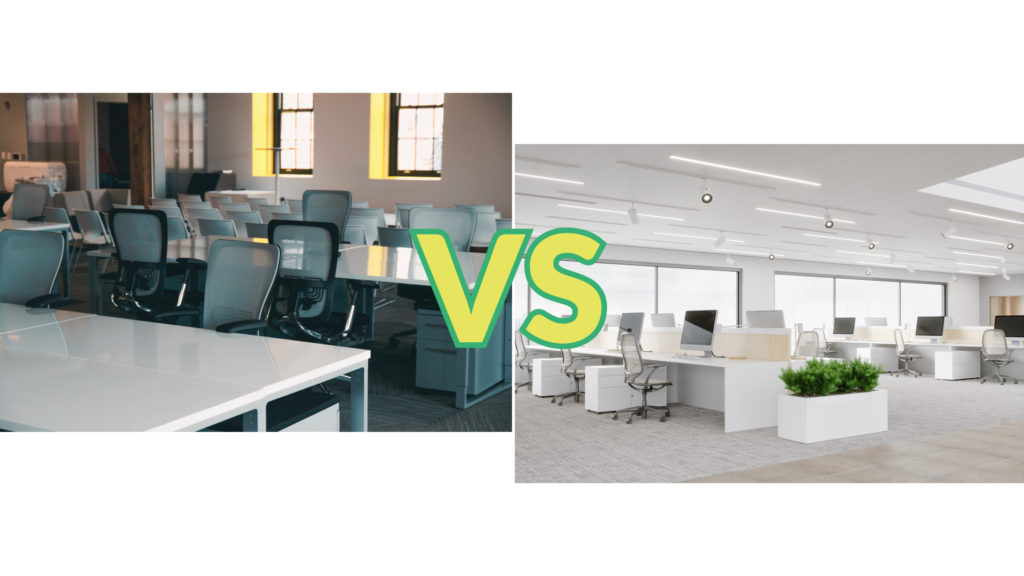 Comparaison de deux espaces de coworking :
- Un adapté
- Un inadapté car la luminosité est insuffisante